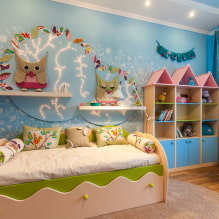 Fali dekoráció a gyermekszobában: anyagtípusok, szín, dekoráció, fotó a belső térben-0