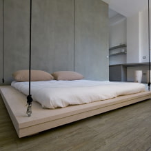 Úszó ágy a belső térben: típusok, formák, kialakítás, háttérvilágítással rendelkező opciók-7