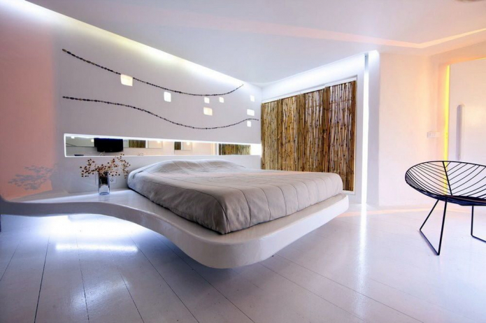 Lebegő ágy a belső térben: típusok, formák, kialakítás, háttérvilágítású lehetőségek