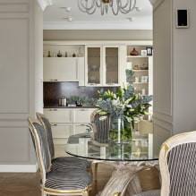 โต๊ะกระจกสำหรับห้องครัว: ภาพถ่ายภายใน, ประเภท, รูปร่าง, สี, การออกแบบ, สไตล์-3