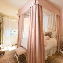 Кревет са балдахином: врсте, избор тканине, дизајн, стилови, примери у спаваћој соби и расаднику-3