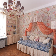 Кревет са балдахином: врсте, избор тканине, дизајн, стилови, примери у спаваћој соби и расаднику-5