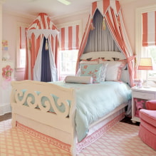 Кревет са балдахином: врсте, избор тканине, дизајн, стилови, примери у спаваћој соби и расаднику-7