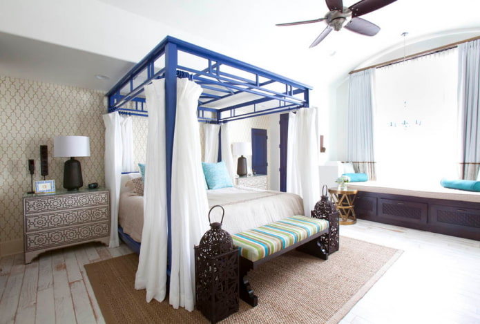 Кревет са балдахином: врсте, избор тканине, дизајн, стилови, примери у спаваћој соби и расаднику