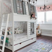 Дечији кревети на спрат: фотографије у унутрашњости, врсте, материјали, облици, боје, дизајн-3
