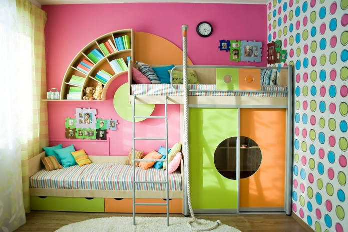 Дечији кревети на спрат: фотографије у унутрашњости, врсте, материјали, облици, боје, дизајн
