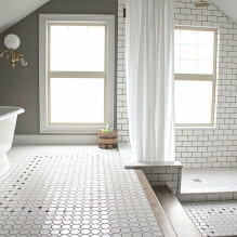 Беле плочице у купатилу: дизајн, облици, комбинације боја, опције локације, боја фуге-6