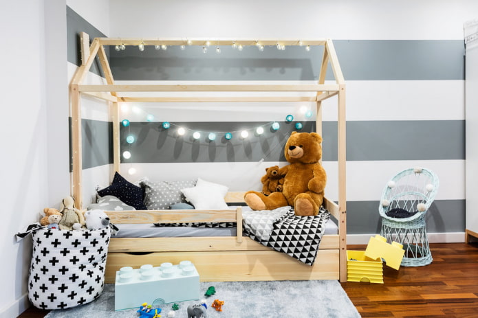 Bettenhaus im Kinderzimmer: Fotos, Gestaltungsmöglichkeiten, Farben, Stile, Dekor