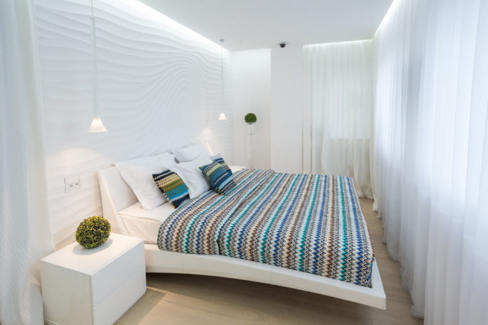 Bett im Schlafzimmer: Foto, Design, Typen, Materialien, Farben, Formen, Stile, Dekor