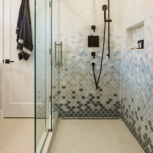 Duschraum aus Fliesen: Typen, Möglichkeiten zum Verlegen von Fliesen, Design, Farbe, Foto im Inneren des Badezimmers-1