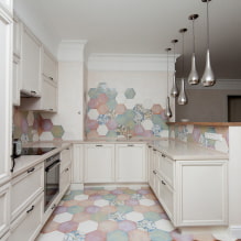Csempe a konyhához a padlón: tervezés, típusok, színek, elrendezési lehetőségek, formák, stílusok-0