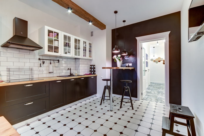 Csempe a konyhához a padlón: tervezés, típusok, színek, elrendezési lehetőségek, formák, stílusok