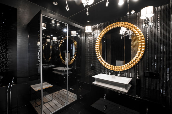 Schwarze Fliesen im Badezimmer: Design, Aufteilungsbeispiele, Kombinationen, Fotos im Innenraum