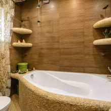 Fa-szerű csempe a fürdőszobában: kialakítás, típusok, kombinációk, színek, burkolat és elrendezési lehetőségek-1