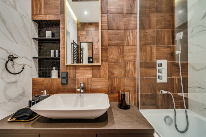 Fa-szerű csempe a fürdőszobában: kialakítás, típusok, kombinációk, színek, burkolatok és elrendezések