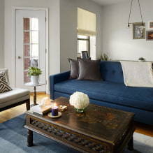 Kék kanapé a belső térben: típusok, mechanizmusok, kialakítás, kárpitanyagok, árnyalatok, kombinációk-3