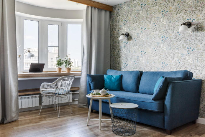 Blaues Sofa im Innenraum: Typen, Mechanismen, Design, Polstermaterialien, Farbtöne, Kombinationen