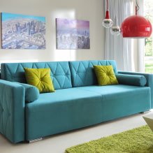 Ang turquoise sofa sa loob: mga uri, materyales sa tapiserya, mga kakulay ng kulay, mga hugis, disenyo, mga kumbinasyon-1