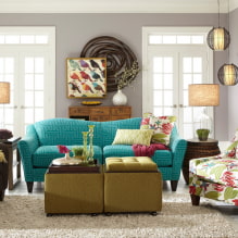 Ang turquoise sofa sa loob: mga uri, materyales sa tapiserya, mga kakulay ng kulay, mga hugis, disenyo, mga kumbinasyon-6
