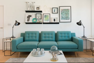Türkiz kanapé a belső térben: típusok, kárpitanyagok, színárnyalatok, formák, dizájn, kombinációk