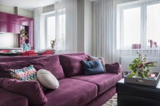 Purple sofa in the interior: types, upholstery materials, mechanisms, design, shades and combinations