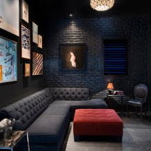 Fekete kanapé a belső térben: kárpitanyagok, árnyalatok, formák, tervezési ötletek, kombinációk-2
