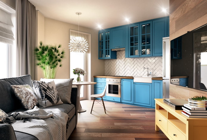 Kitchen-studio: layout, zoning, forms of kitchen sets, choice of furniture and appliances