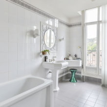Fehér fürdőszoba: tervezés, kombinációk, dekoráció, vízvezeték, bútorok és dekoráció-3