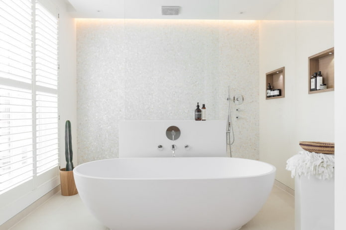 Fehér fürdőszoba: tervezés, kombinációk, dekoráció, vízvezeték, bútorok és dekoráció