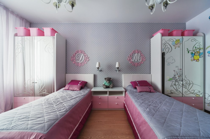Соба за две девојке: дизајн, зонирање, распореди, декорација, намештај, осветљење