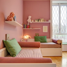 Соба за две девојке: дизајн, зонирање, распореди, декорација, намештај, осветљење-3