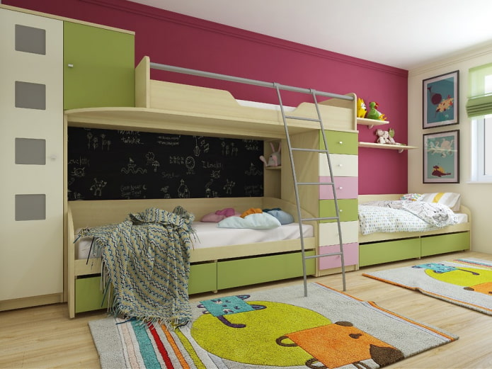Children's room for three children: zoning, advice on arrangement, the choice of furniture, lighting and decor