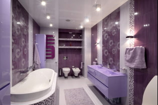 Lila és lila fürdőszoba: kombinációk, felületek, bútorok, vízvezeték és dekoráció