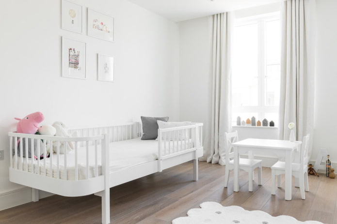 Gyermekszoba fehér színben: kombinációk, stílusválasztás, dekoráció, bútorok és dekoráció