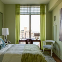 ห้องนอนสีเขียว: เฉดสี, ​​การรวมกัน, ตัวเลือกการตกแต่ง, เฟอร์นิเจอร์, ผ้าม่าน, ไฟ-7