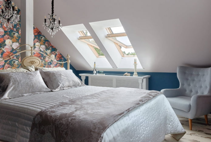 Спаваћа соба у поткровљу: зонирање и распоред, боја, стилови, завршна обрада, намештај и завесе