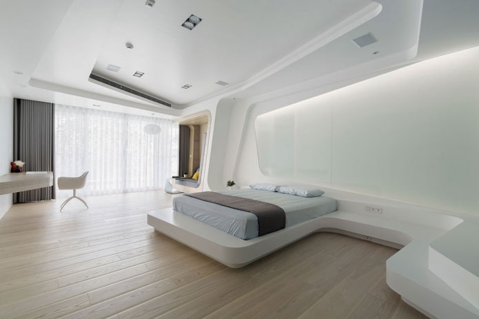 Спаваћа соба високе технологије: карактеристике дизајна, фотографије ентеријера
