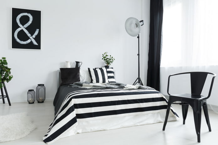 Црно-бела спаваћа соба: карактеристике дизајна, избор намештаја и декора