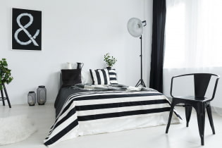Fekete-fehér hálószoba: tervezési jellemzők, bútorok és dekorációk megválasztása