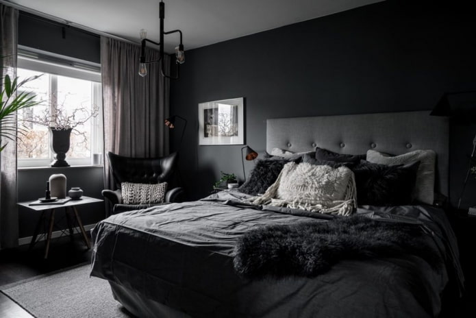 Schwarzes Schlafzimmer: Foto im Innenraum, Designmerkmale, Kombinationen