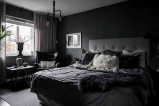 ห้องนอนสีดำ: ภาพถ่ายในการตกแต่งภายใน คุณสมบัติการออกแบบ การผสมผสาน