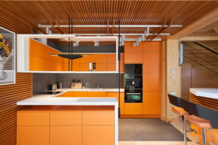 Narancssárga konyha a belső térben: tervezési jellemzők, kombinációk, függönyök és háttérképek választéka