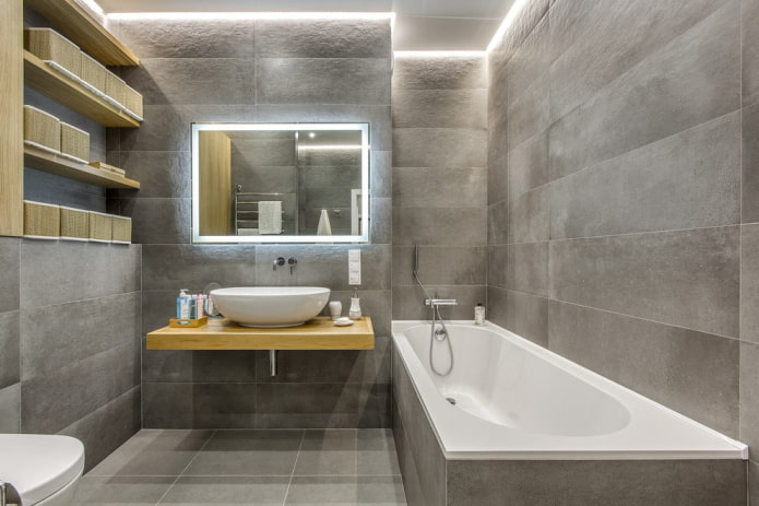 Graues Badezimmer: Designmerkmale, Fotos, beste Kombinationen