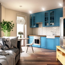 Kitchen-living room design 20 sq. m. - photo in the interior, examples of zoning-7