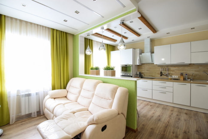 Küche-Wohnzimmer-Design 20 qm M. - Foto im Inneren, Beispiele für Zonierung