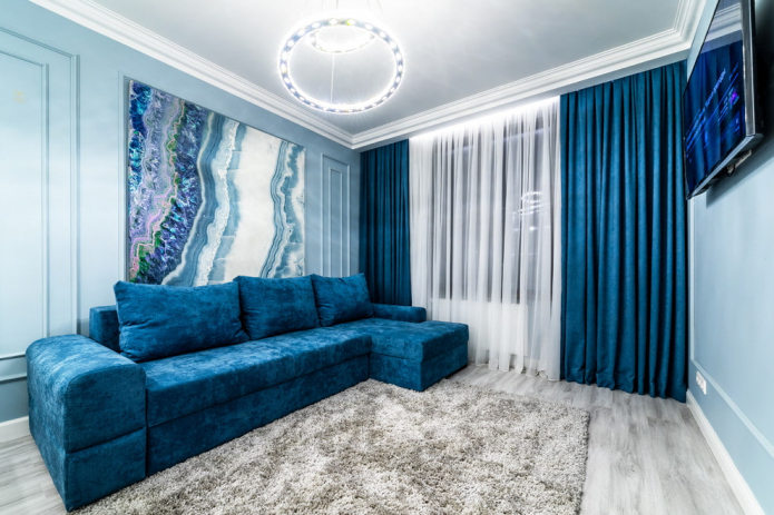 Wohnzimmer in Blautönen: Foto, Überprüfung der besten Lösungen