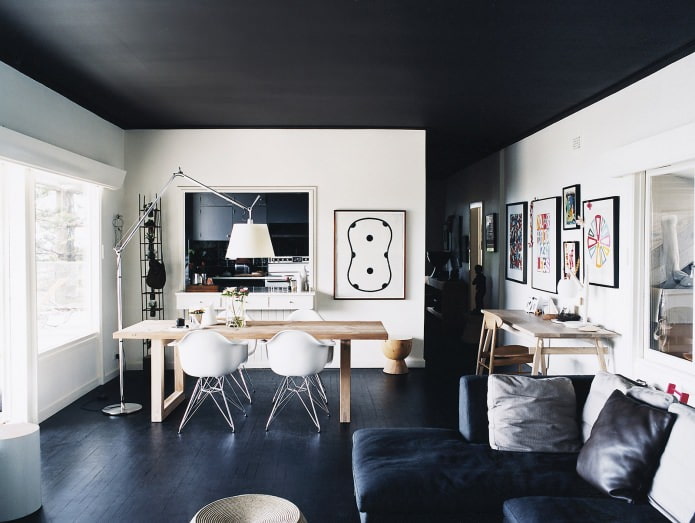 Црни плафон у соби: карактеристике дизајна, дизајн, врсте, комбинације, фотографије