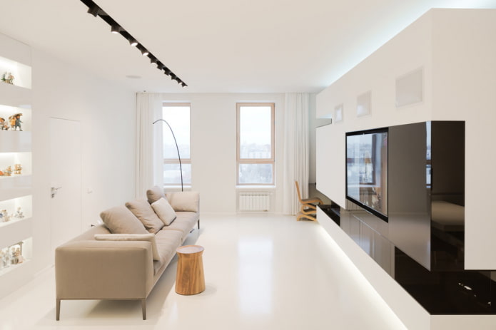 Fehér padló a belső térben: típusok, kialakítás, kombináció a falak, mennyezet, ajtók, bútorok színével