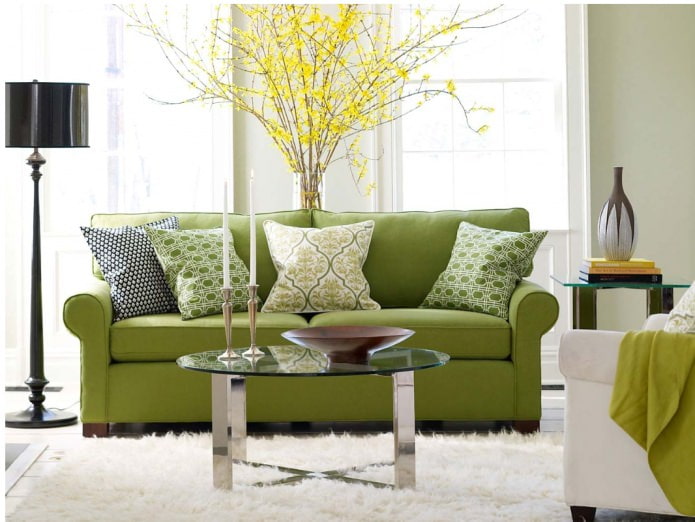 Living room interior in shades of green