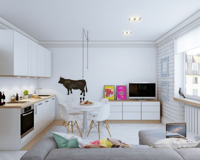 Scandinavian interior design of a small studio apartment of 24 sq. m.
